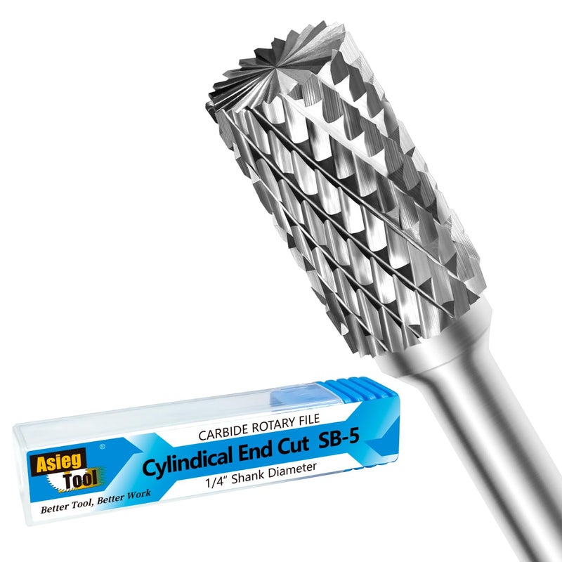 Asieg Tool SB-5 Tungsten Carbide Burr Rotary File Cylinder Shape Double Cut with 1/4''Shank for Die Grinder Drill Bit - Image 1
